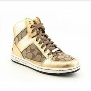 COACH Norra High Top Sneakers Gold Shoes Lace Up Size 7 Leather Canvas